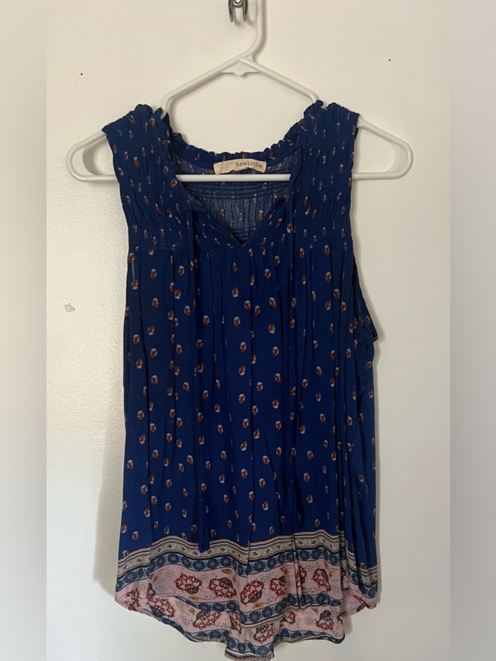 Rewind Blue Printed Sleeveless Smocked Neck Top